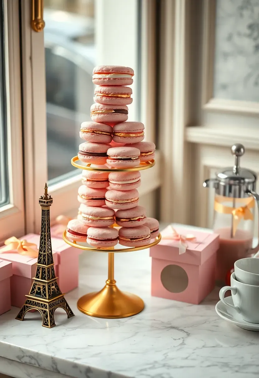 paris patisserie baby shower with pink and gold macarons on tiered display eiffel tower figurine marble table french pastry boxes and cafe au lait station