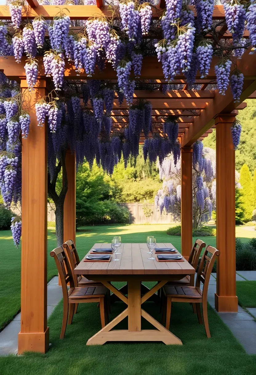 Freestanding cedar pergola with climbing wisteria covering a dining area in a backyard renovation