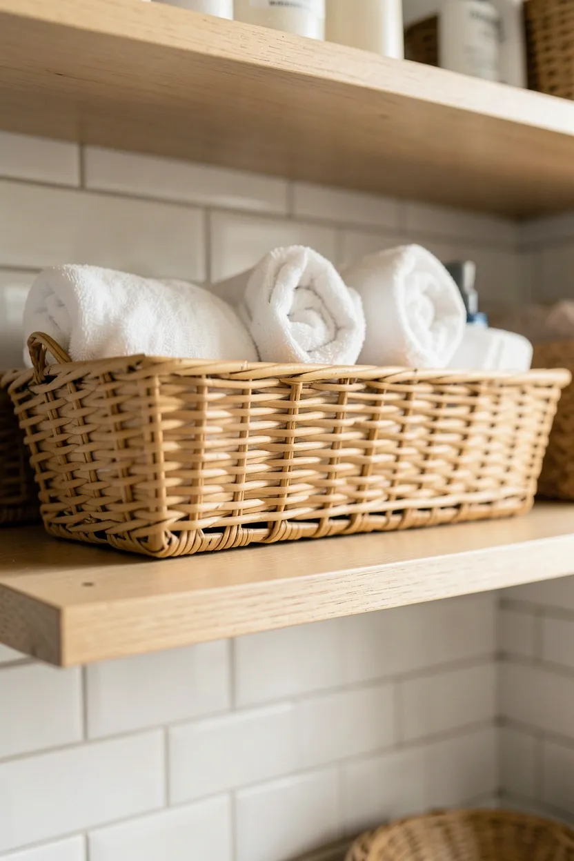 Woven bamboo storage baskets on open shelving beneath a japandi floating vanity — natural texture with clean lines