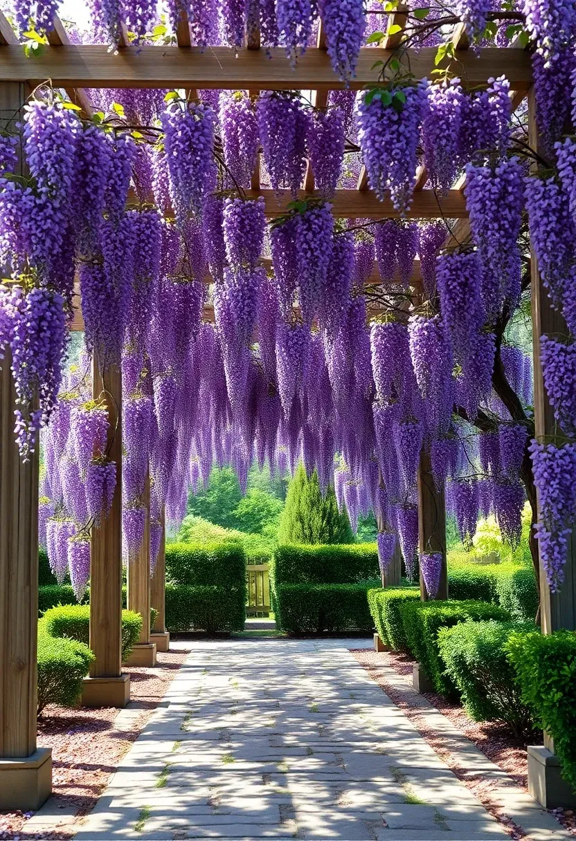 Wooden pergola completely draped in blooming purple wisteria vines creating a tunnel of shade and flowers