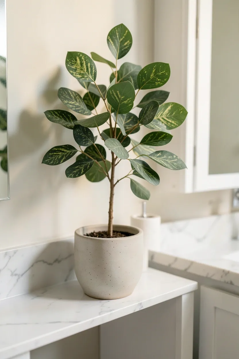 Faux eucalyptus stems in a white vase on a bathroom shelf adding greenery to a small apartment bathroom