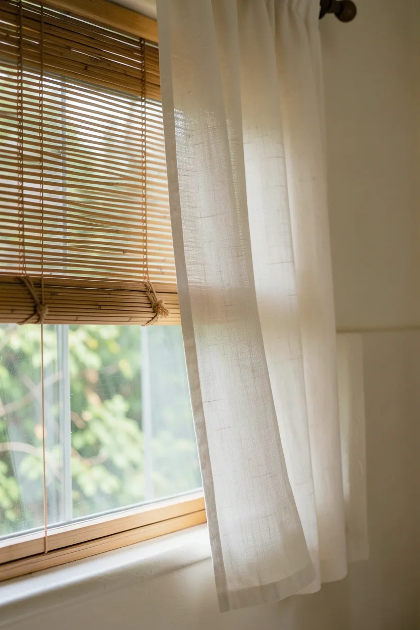 Hyper-realistic eye-level photograph of boho bathroom window with bamboo blinds installed, featuring natural honey-toned bamboo slats, cream sheer curtain panel layered in front, gently moving, showing blurred view of greenery outside, cream plaster window frame. Natural light filtering through both layers. Materials: natural bamboo, sheer cotton fabric. Layered soft boho window treatment. Texture details visible. No text, no logos, no watermarks.</p>