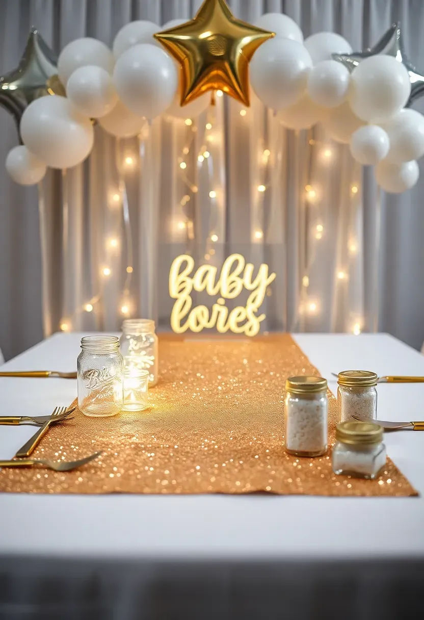 sparkle themed baby shower with gold glitter accents sequin tablecloth and twinkling lights