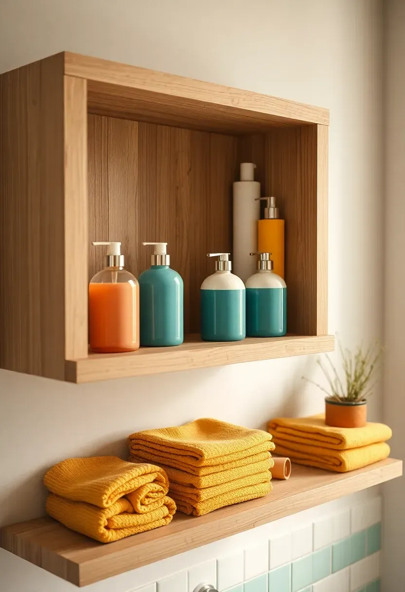 Floating shelves with colorful toiletries and decorative items arranged playfully