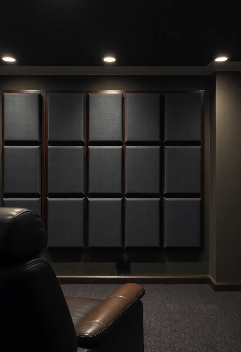 Fabric-wrapped acoustic panels in muted charcoal linen arranged in a grid pattern on a basement home theater wall