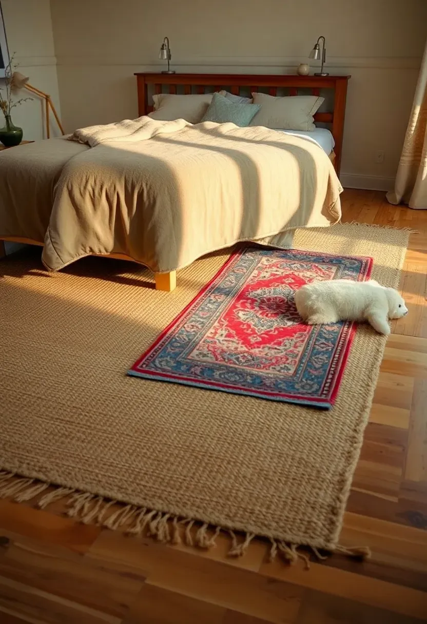 bedroom with layered rugs including a large jute rug beneath a smaller vintage Persian rug beside a wood bed frame on hardwood floors