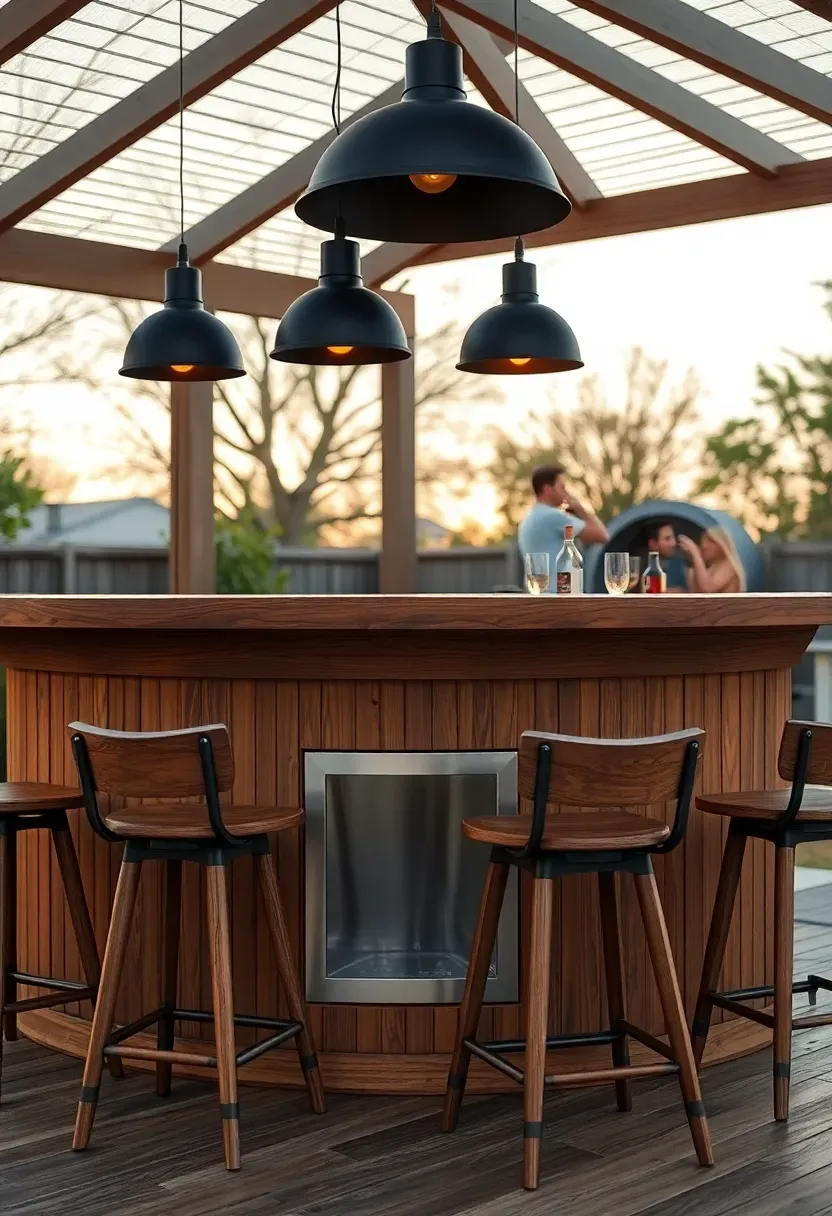 A backyard gazebo with a wraparound wooden bar counter at seated height, pendant lights above, built-in cooler compartment, and friends gathered around holding drinks on a warm evening