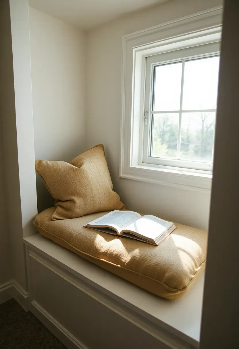 egress window with built-in window seat cushion and storage in a bright basement corner