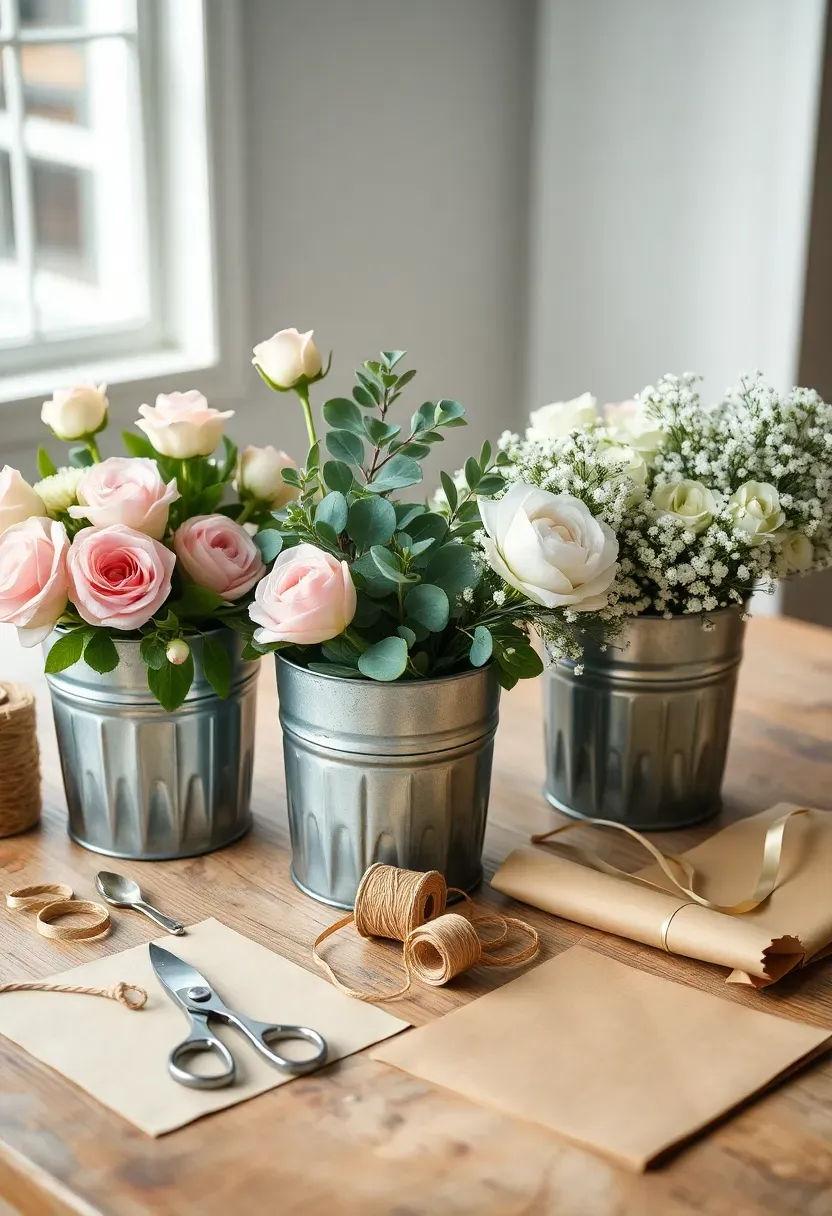 build-a-bouquet flower bar at a baby shower with buckets of fresh flowers, greenery, ribbon, and brown paper wrapping on a rustic table