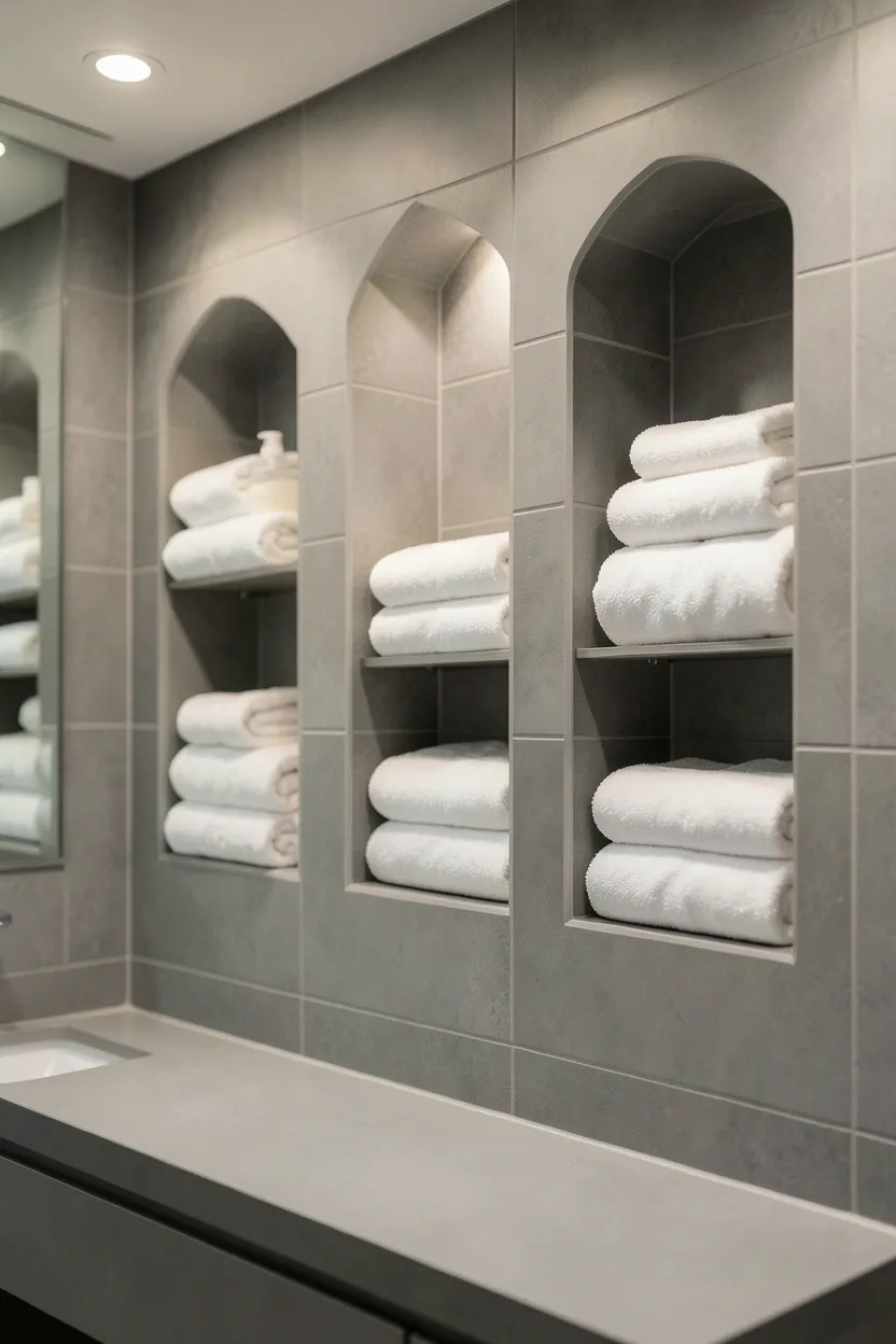 Grey bathroom with built-in recessed wall shelves and niche storage seamlessly integrated into grey tile walls