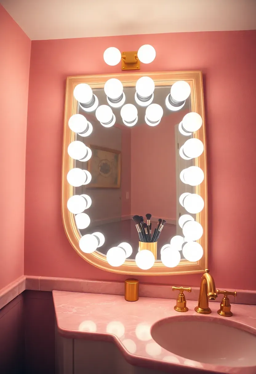 Hollywood-style vanity mirror surrounded by round exposed bulbs in a glamorous bathroom with pink walls and gold accents