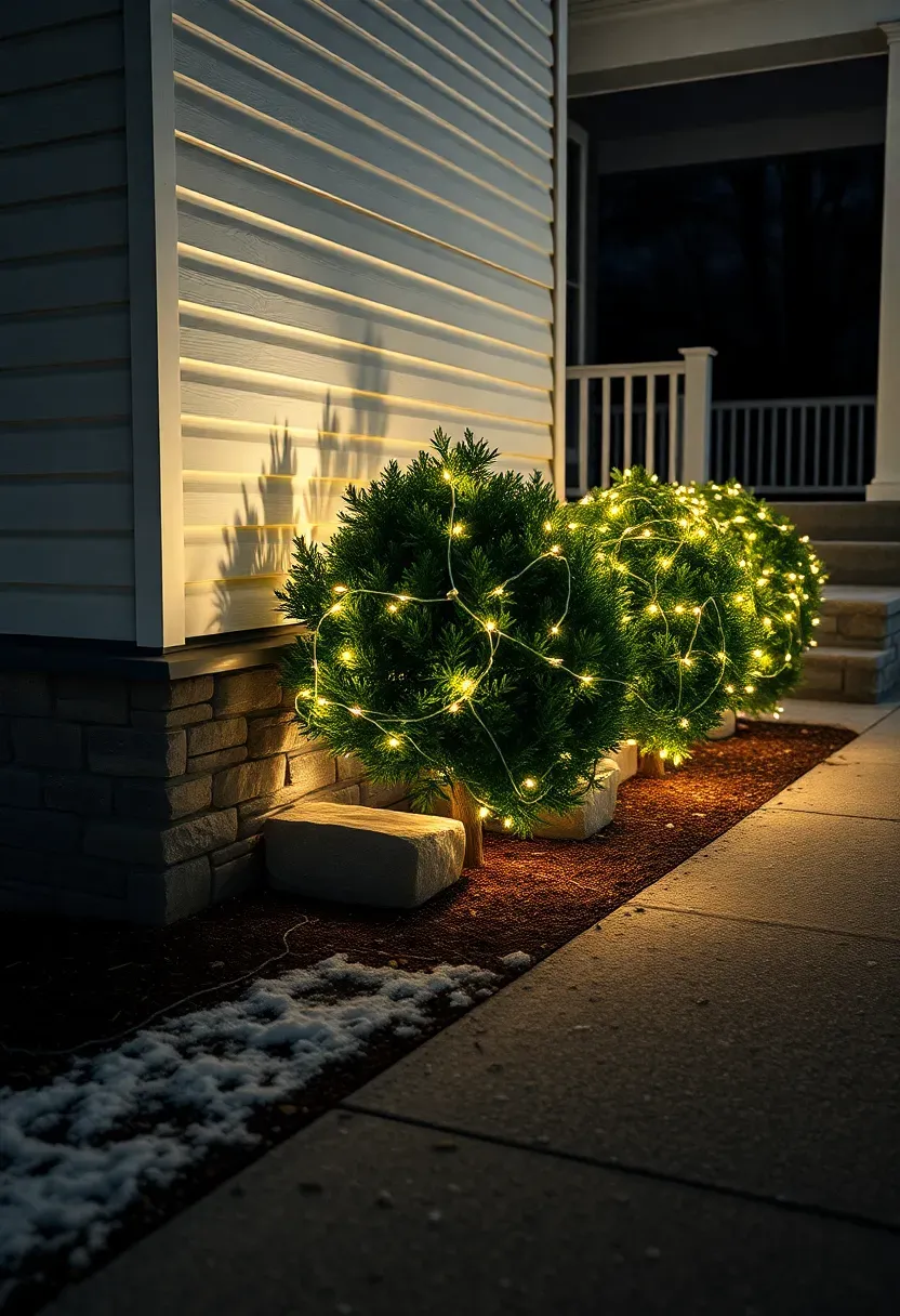Hyper-realistic night exterior shot of house foundation featuring three evergreen bushes wrapped with warm white LED net lights. House has white clapboard siding, gray stone foundation visible at base. Three boxwood bushes (approximately 4 feet wide, 3 feet tall) run along foundation, each covered with net lighting creating even glow without visible cord patterns. Front walkway leads to porch steps beyond. Light dusting of snow on ground, bare trees in background. Dark night sky. Materials: painted wood, stone foundation, boxwood foliage, LED net lights, snow. Warm white light (2800K) creating low-level illumination and foundation definition, magical ground-level mood, medium composition showing foundation planting as accent, rule-of-thirds placement. No text logos watermarks.</p>