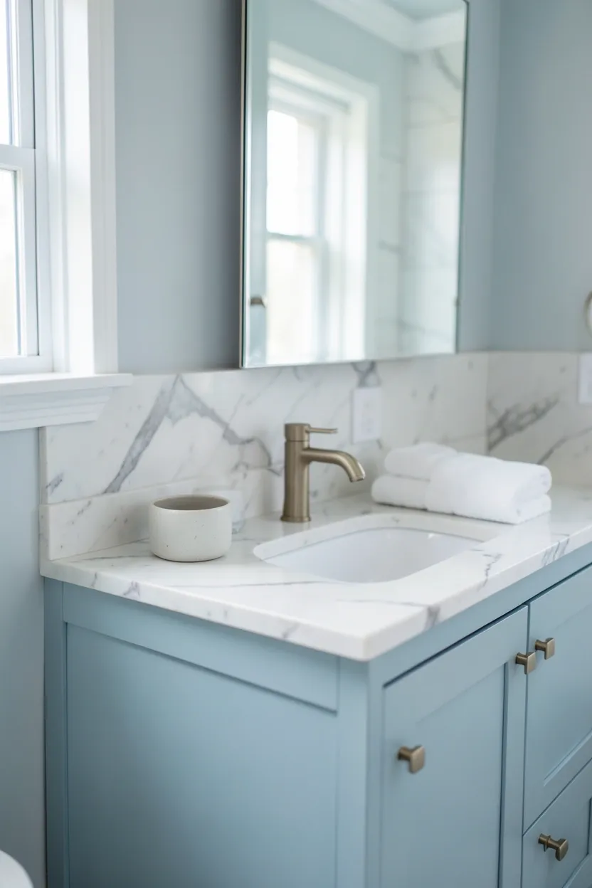 Powder Blue Vanity with White Marble Countertop