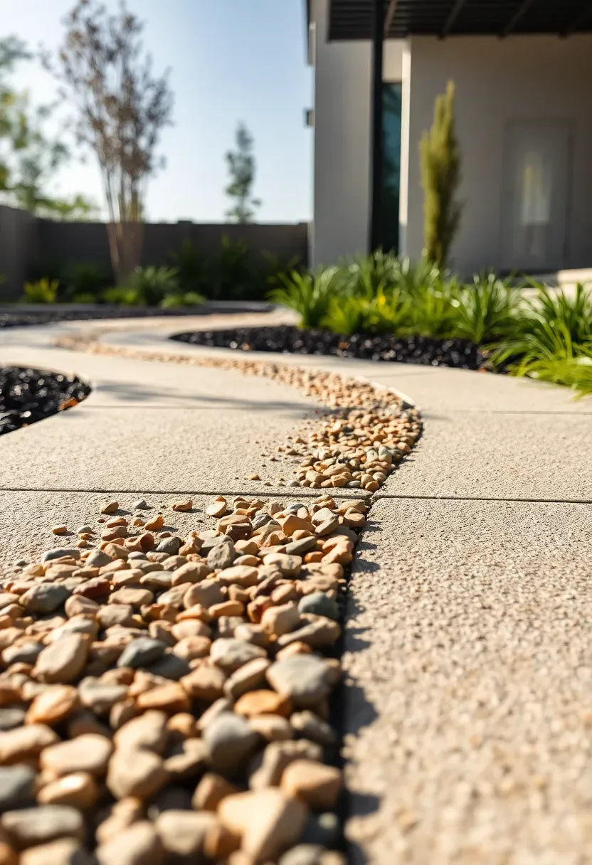 Poured concrete pathway with exposed aggregate finish showing small river stones in the surface through a modern backyard
