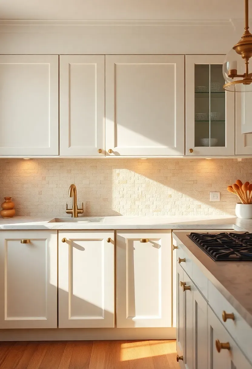 Hyper-realistic 3/4 view of a neutral kitchen with warm beige zellige tile backsplash featuring texture and variation. Materials: handmade zellige tiles in warm beige with visible variation and uneven edges, cream painted cabinets, honed travertine countertops, unlacquered brass hardware, warm oak flooring. Natural light from window creating shadows across tile texture, warm under-cabinet lighting. Visible tile texture catching light and creating depth across backsplash. Artisanal textured mood. Shallow depth of field showing tile texture, sharp details on tile variations. No text, no logos, no watermarks.</p>