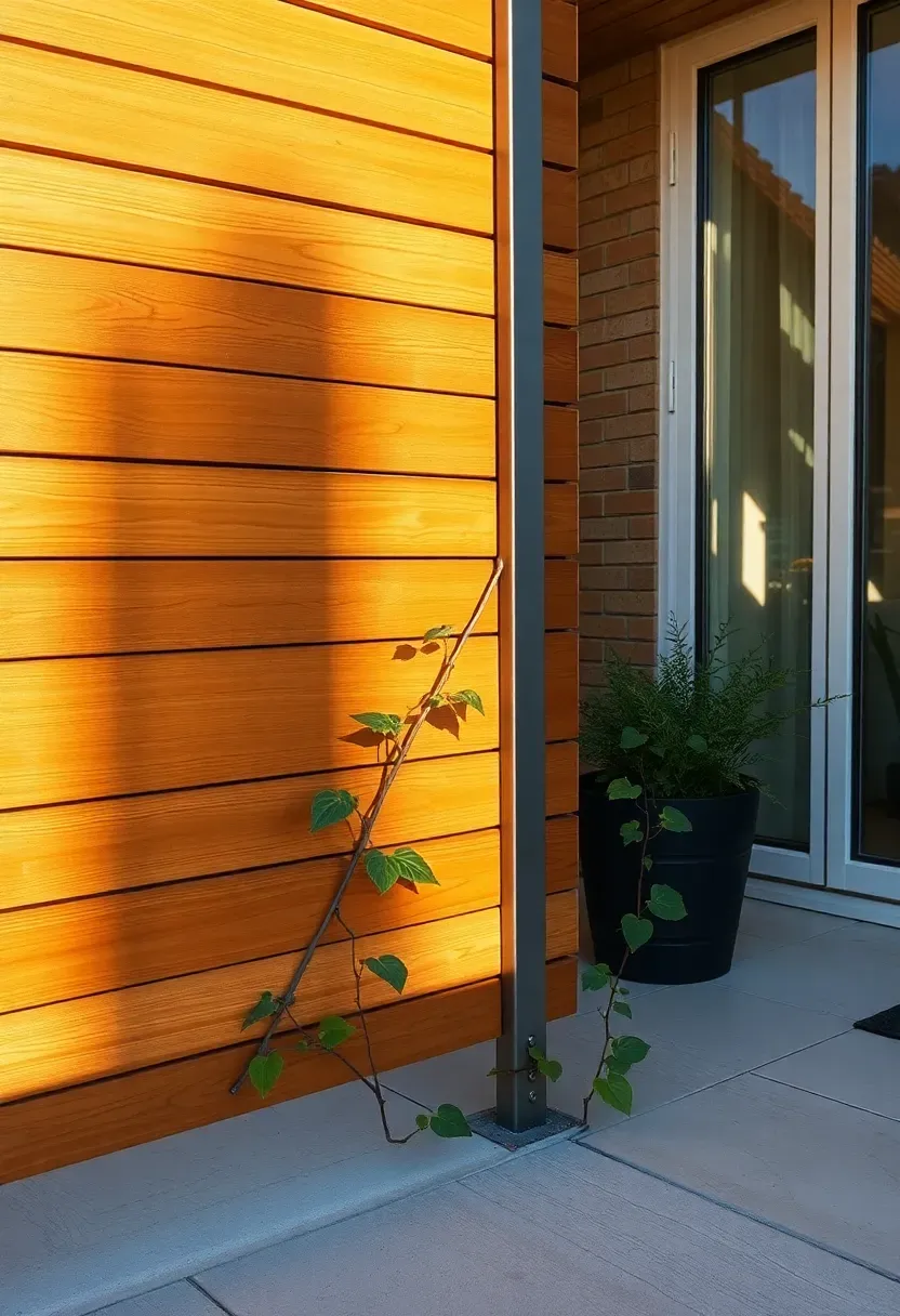 Outdoor slatted wood privacy screen panels adjacent to enclosed sunroom creating visual barrier from neighbours