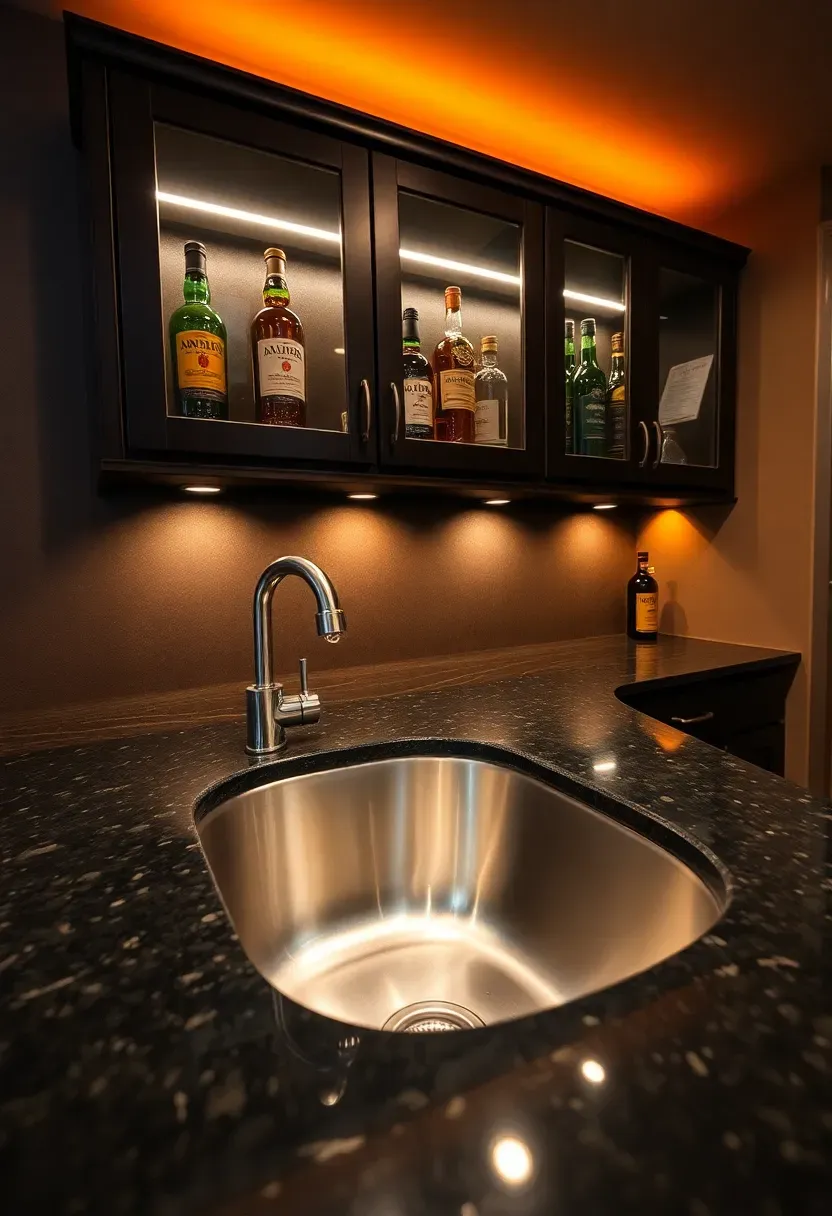 Basement wet bar with undermount sink, dark granite countertop, and glass-front upper cabinets stocked with bottles