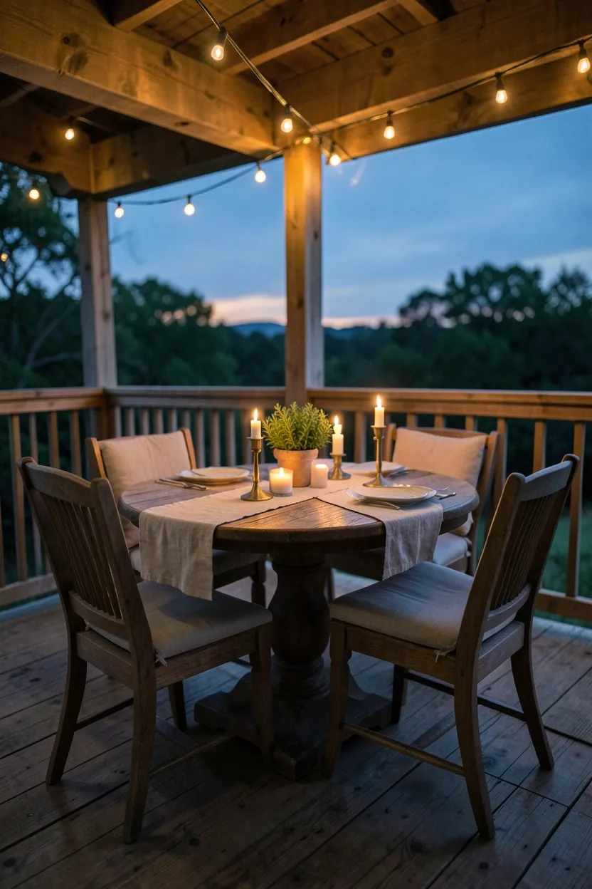 Hyper-realistic 3/4 photograph of back porch dining area with round wooden pedestal table seating four, two cushioned chairs visible, natural linen runner, centerpiece of small potted herbs and candles, string lights overhead, evening sky visible through railings. Warm ambient evening light. Materials: weathered oak, linen, ceramic pots, brass candlesticks. Intimate dining mood. Balanced composition, soft candlelight glow. No text, no logos, no watermarks.