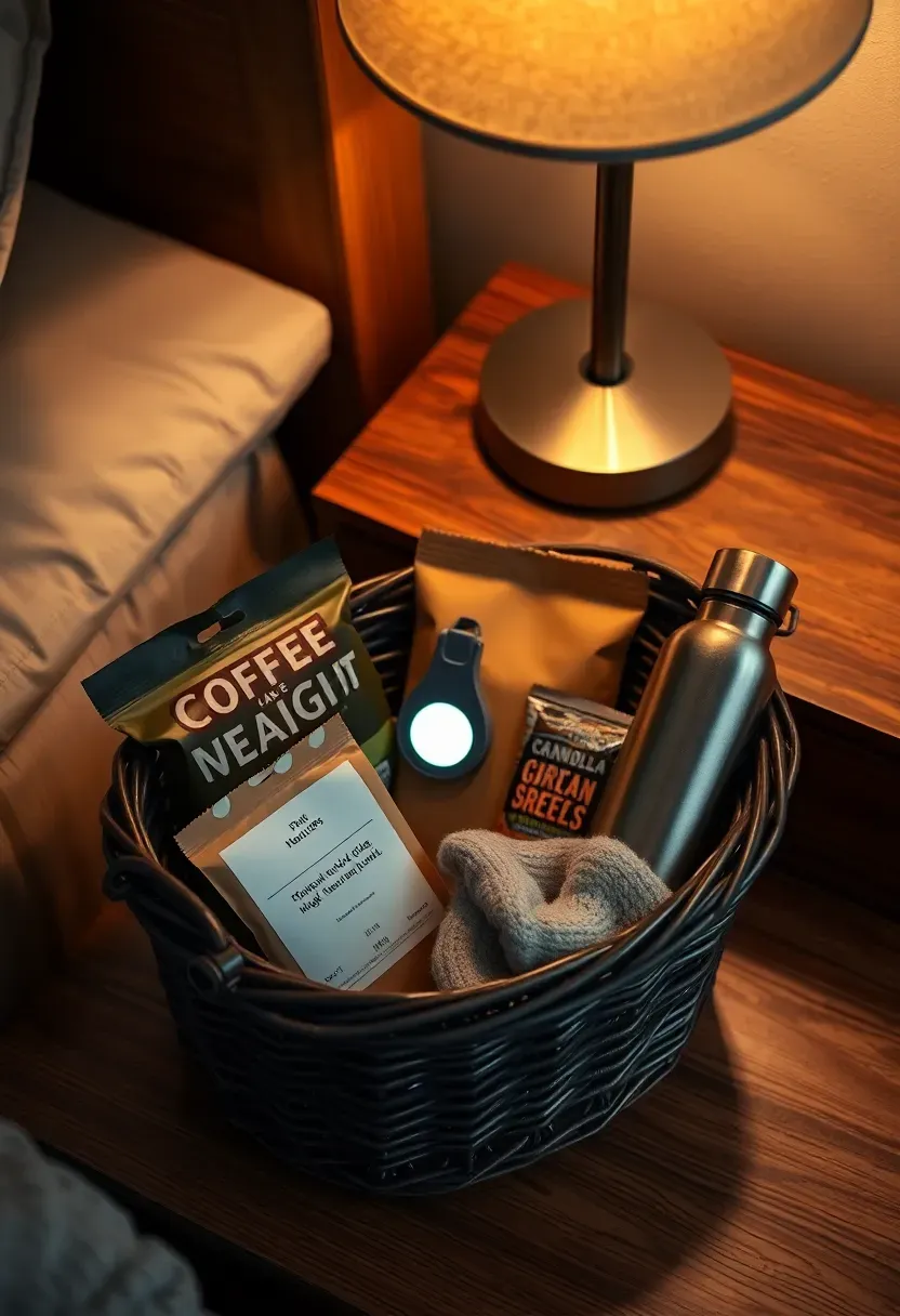 midnight feeding survival kit basket with coffee beans granola bars a soft reading light and cozy socks arranged in a dark wicker basket