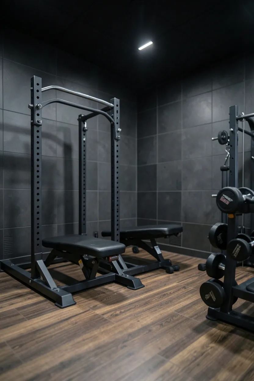 Modern home gym with large-format charcoal wall tiles and warm oak-pattern wood-look luxury vinyl flooring, budget-friendly dark gym