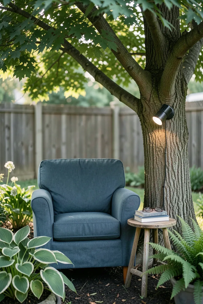 Hyper-realistic eye-level photograph of a backyard outdoor reading nook. Deep upholstered armchair in weather-resistant slate blue fabric positioned beneath the canopy of a mature maple tree. Small rustic side table holds stacked books and reading glasses. Solar-powered reading lamp attached to tree trunk nearby. Potted hostas and ferns create natural border. Soft morning light filters through leaves. Materials: weather-resistant fabric, natural wood, shade tree. Literary retreat mood. Shallow depth of field, focus on reading area comfort. No text, no logos, no watermarks.</p>