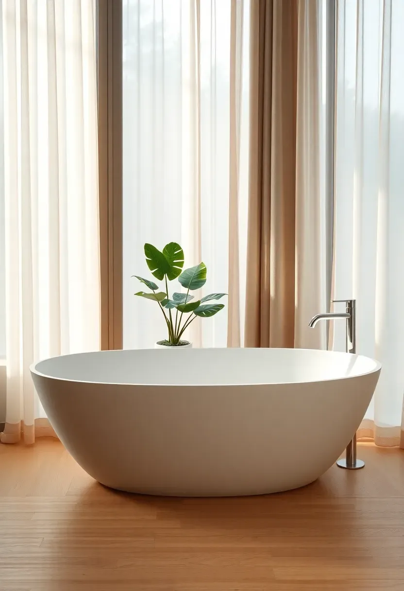 Elegant freestanding white bathtub positioned by large windows with modern floor-mounted faucet