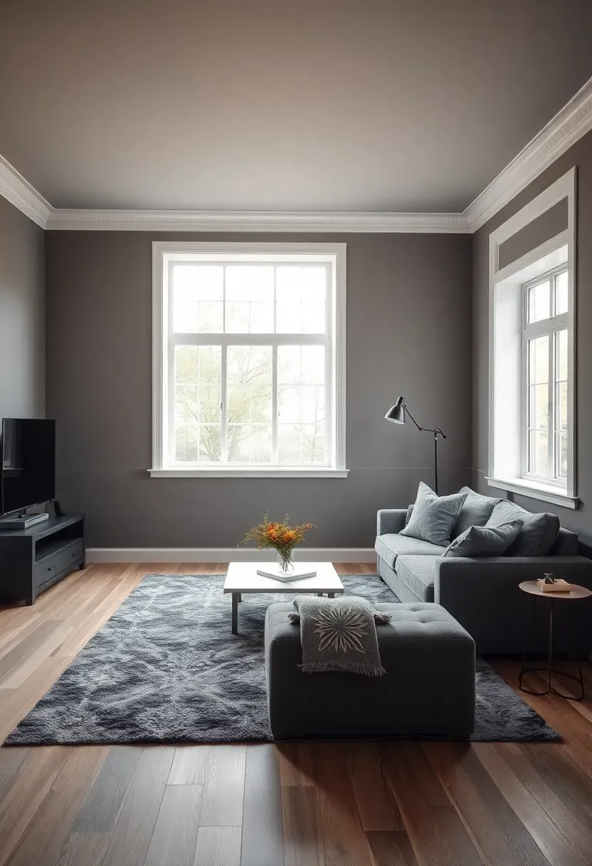 Hyper-realistic wide view of minimalist living room in monochromatic warm gray palette — gray walls, gray sofa, gray rug, gray accents, only white trim providing contrast. Materials: various shades of gray fabric and paint, white trim, light oak floor. Natural light, sophisticated unified mood. Single-color harmony, shallow depth of field, no text, no logos.</p>