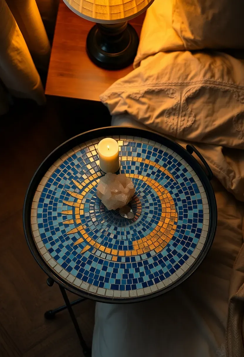 Round mosaic tray table with celestial sun and moon design in blue and gold tiles on a bedroom side table