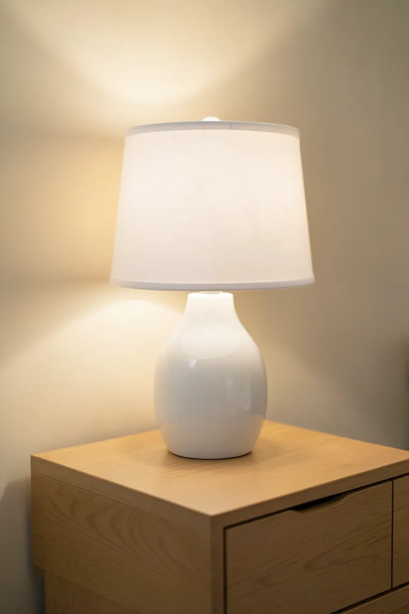 Simple ceramic bedside table lamp with white drum shade on a floating nightstand in a japandi bedroom