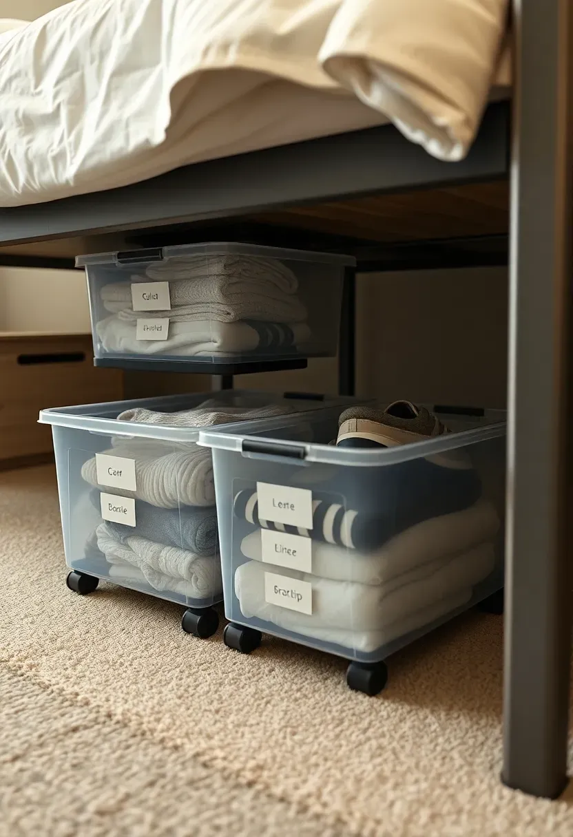 under bed rolling storage bins in a tidy dorm room with labeled containers