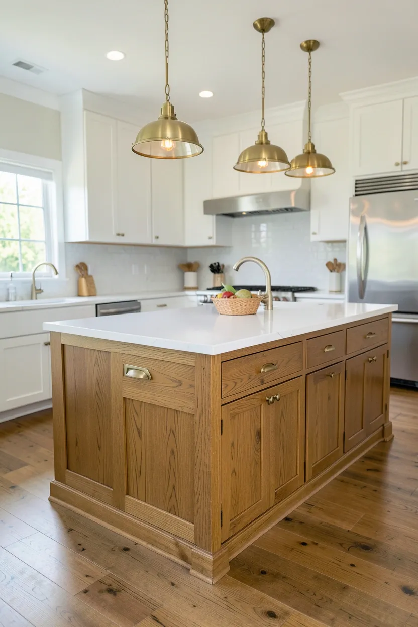 Teak kitchen island with golden-brown grain and built-in drawers and shelves for organized kitchen storage