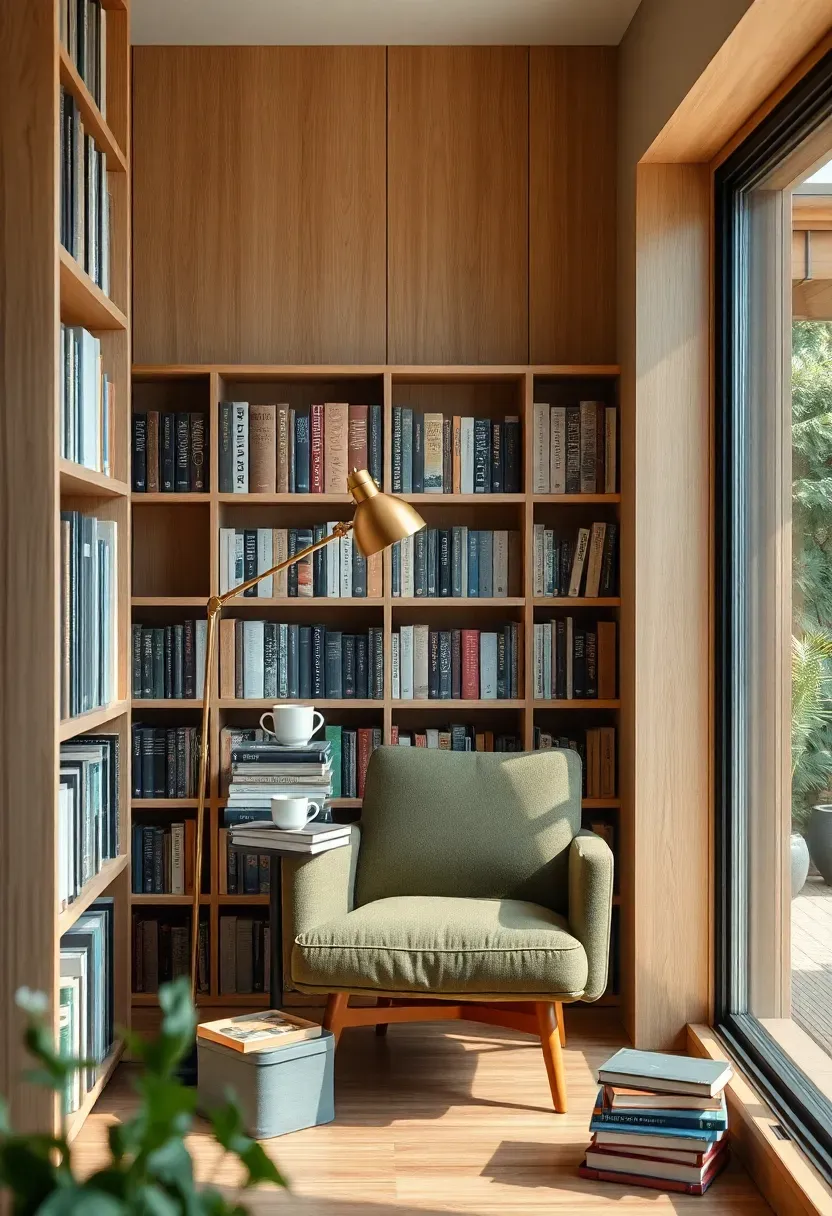 Cozy sunroom reading nook with a narrow floor-to-ceiling bookshelf on the solid wall, a small upholstered armchair with a reading lamp beside it, stacked books and a teacup on the armrest