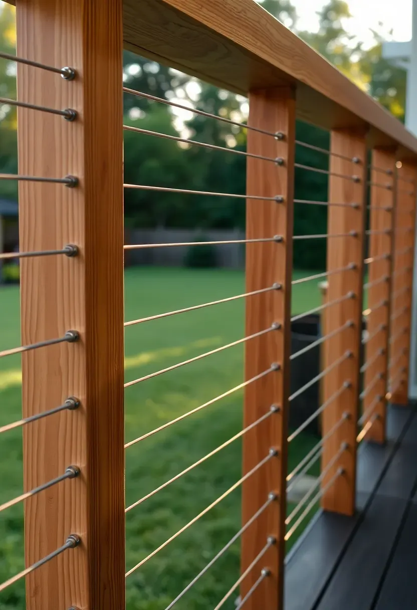 Backyard porch railing combining horizontal black metal cable lines with thick wood posts and a flat wood cap rail