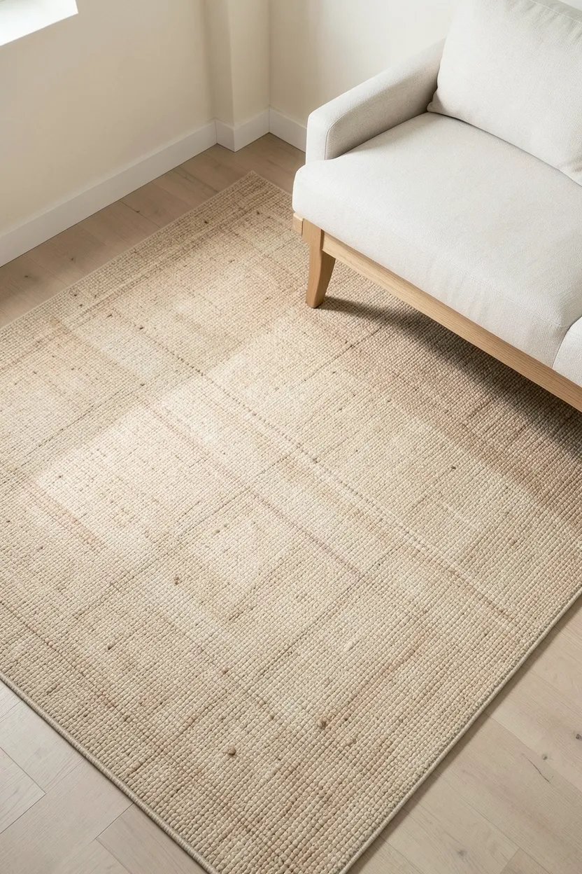 Large natural jute rug in cream tones anchoring a Japandi living room seating area with low sofa and light wood coffee table