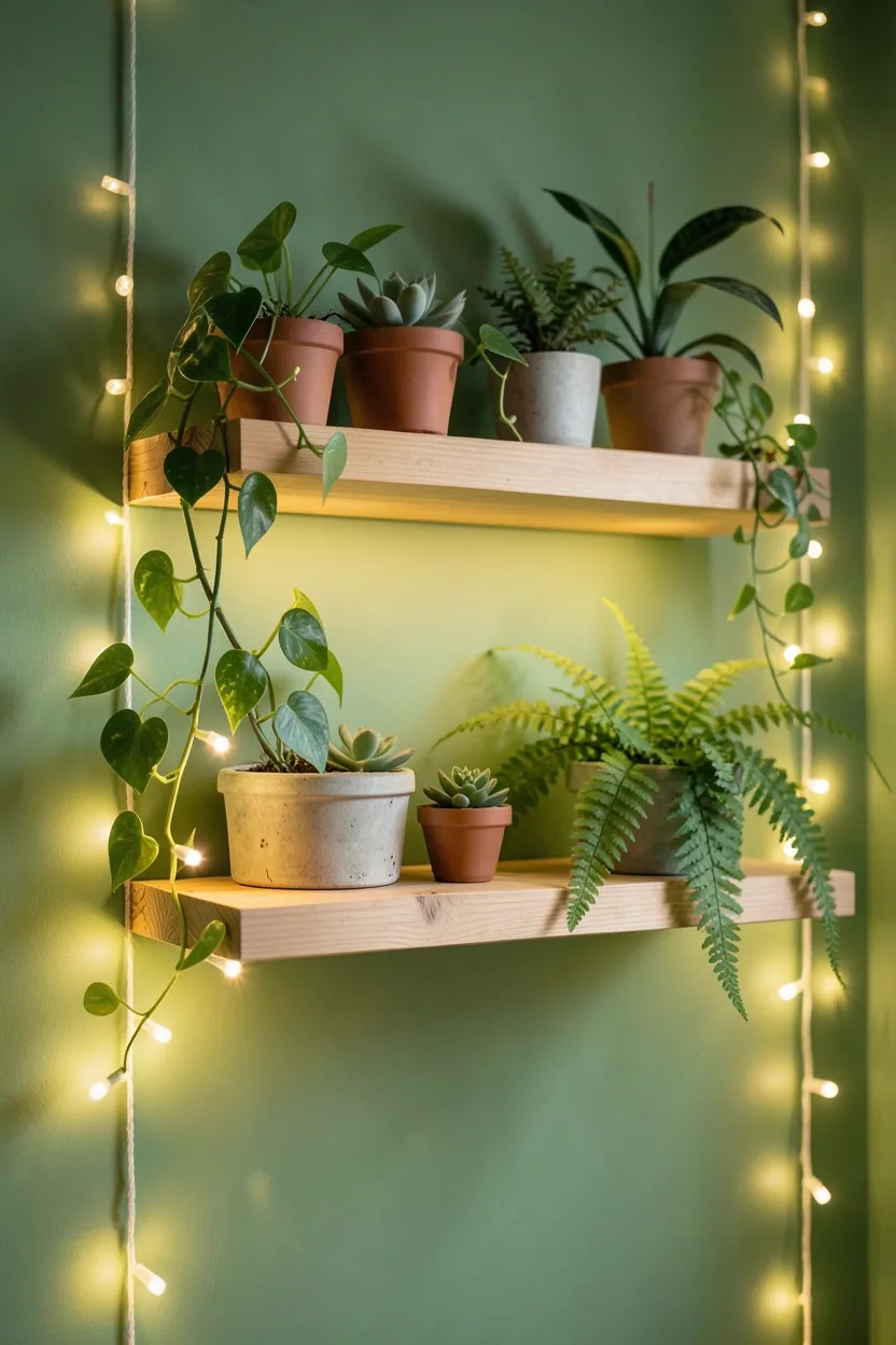 Hyper-realistic eye-level photograph of a bedroom wall-mounted plant shelf with warm white fairy lights draped around the edges. Various potted plants visible: trailing pothos, small succulents, leafy fern. Leaves catch and reflect the warm light. Green wall background, soft room lighting. Materials: natural wood shelves, warm LED lights, live plants. Organic vibrant mood. Shallow depth of field, sharp details on plant textures and light glow. No text, no logos, no watermarks.</p>