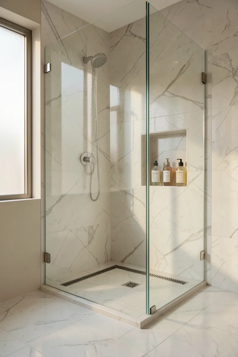 Frameless glass shower enclosure with thick tempered glass and matte black hardware in a modern luxury bathroom