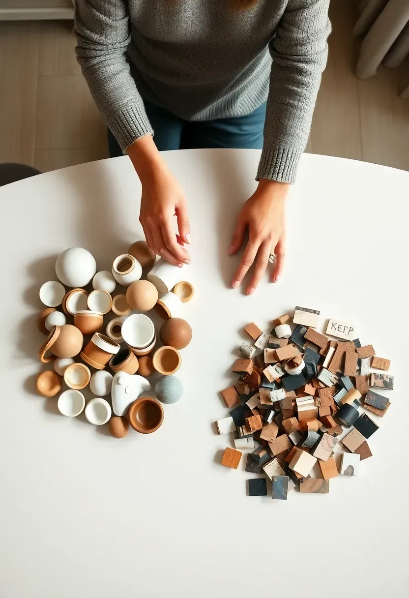 Person sorting shelf objects into two groups on a dining table — a 'keep' pile of curated ceramics and books, and a 'remove' pile including random items, seen from slightly above in warm natural light, 2:3 portrait