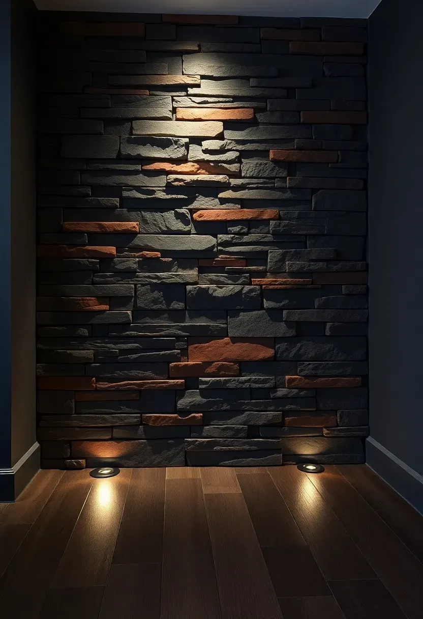stacked natural slate ledger stone panels on a basement accent wall with uplighting from floor-level fixtures