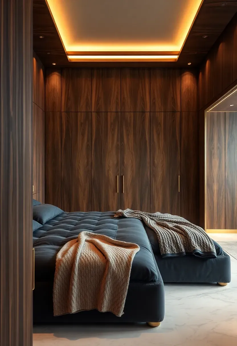 luxury masculine master bedroom with dark walnut paneling and slate velvet bed