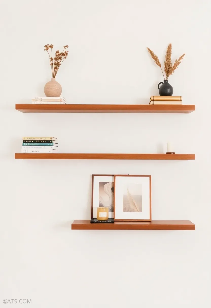 Three floating wooden shelves on a white wall styled with a mix of books, a small ceramic vase, a framed print, and a candle, creating a balanced vignette