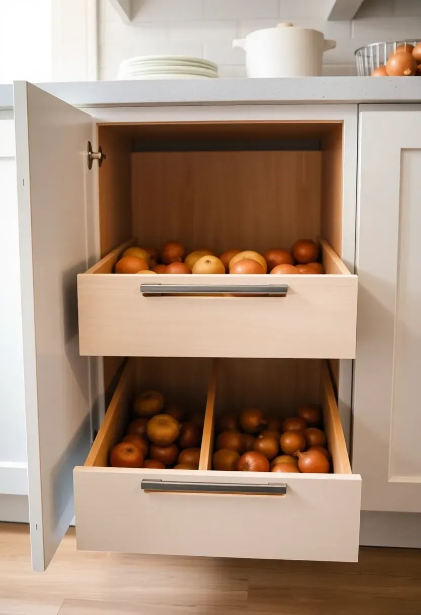 Open pantry cabinet base with two deep pull-out drawers fully extended, neatly arranged vegetables and onions in separated compartments, thin divider rails between sections, birch plywood drawer boxes