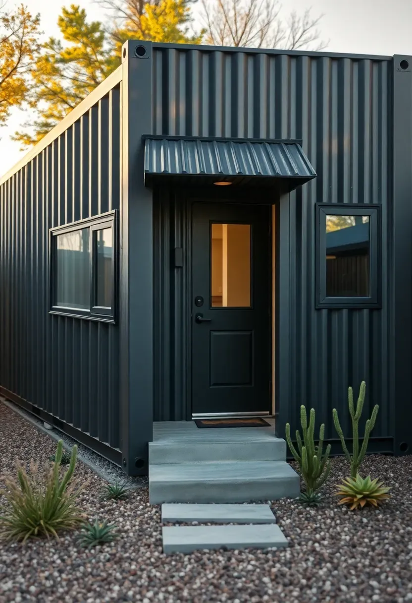Modified shipping container ADU in a backyard with corrugated metal exterior painted dark charcoal, cut-out windows, a small covered entry porch, and native plantings
