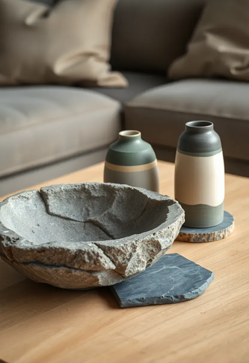 Hyper-realistic close-up detail shot of stone and ceramic accents on wooden coffee table: rough-hewn grey shallow stone bowl with natural pitted texture, three ceramic vases in varying heights with matte glaze in cream and charcoal, slate coaster with visible grain, light wood table surface visible. Materials: natural stone with crystalline texture, matte ceramic glaze with subtle variation, slate with natural grain, light oak wood. Side lighting emphasizing texture contrasts. Earthy grounded mood. Sharp focus on material textures, shallow depth of field, visible room context with blurred sofa. No text, no logos, no watermarks.</p>