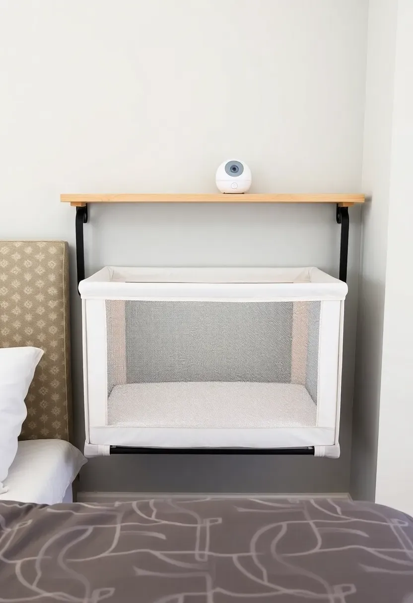 Wall-mounted bassinet with mesh sides installed beside a master bed in a compact rental bedroom, freeing all floor space beneath