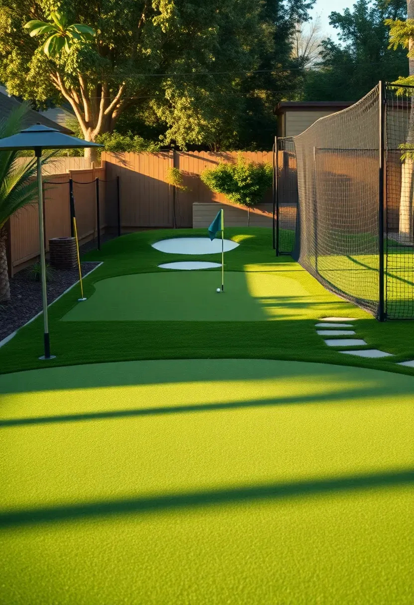 Large backyard practice facility with putting green, chipping area, bunker, and hitting net connected by turf pathways