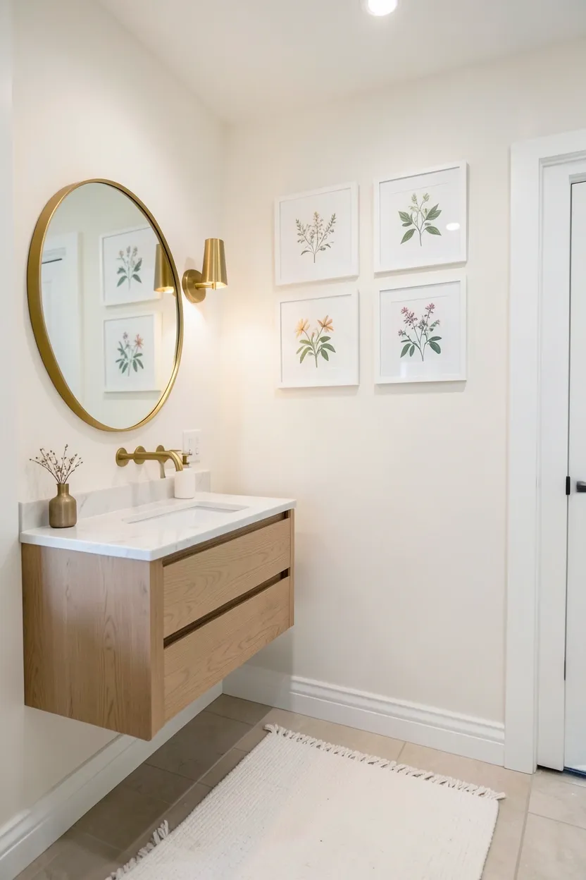 Warm wood-tone luxury vinyl plank flooring installed in a small bathroom, waterproof click-lock LVP transforming the look of a rental space