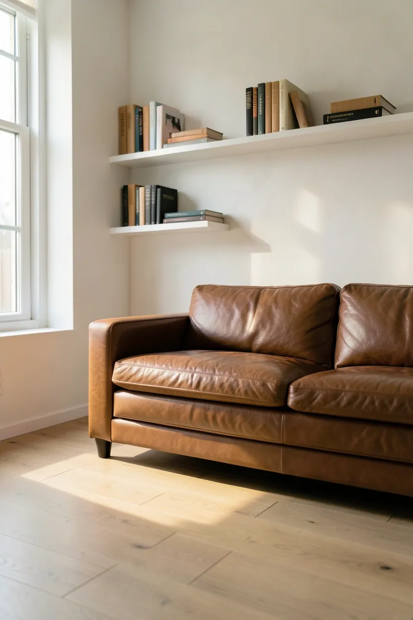 Minimalist living room with light oak floors and brown couch, Scandinavian-inspired neutral palette in a small apartment