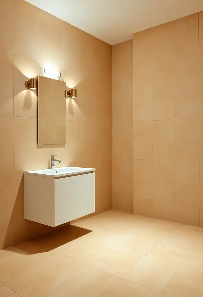 Basement bathroom floor and walls covered in large-format porcelain tiles in a warm beige tone