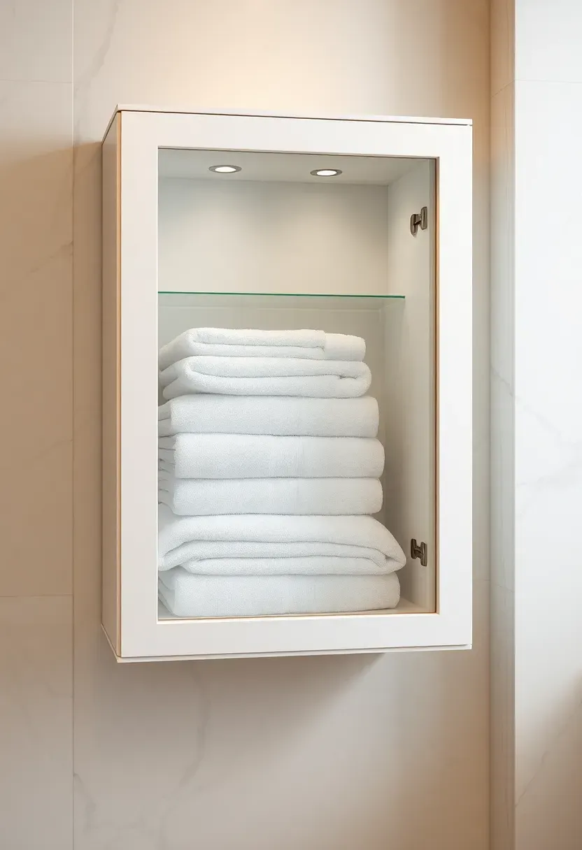 Sleek luxury towel warmer cabinet with heated compartments holding fluffy white towels near a modern bathroom shower for a spa-like experience