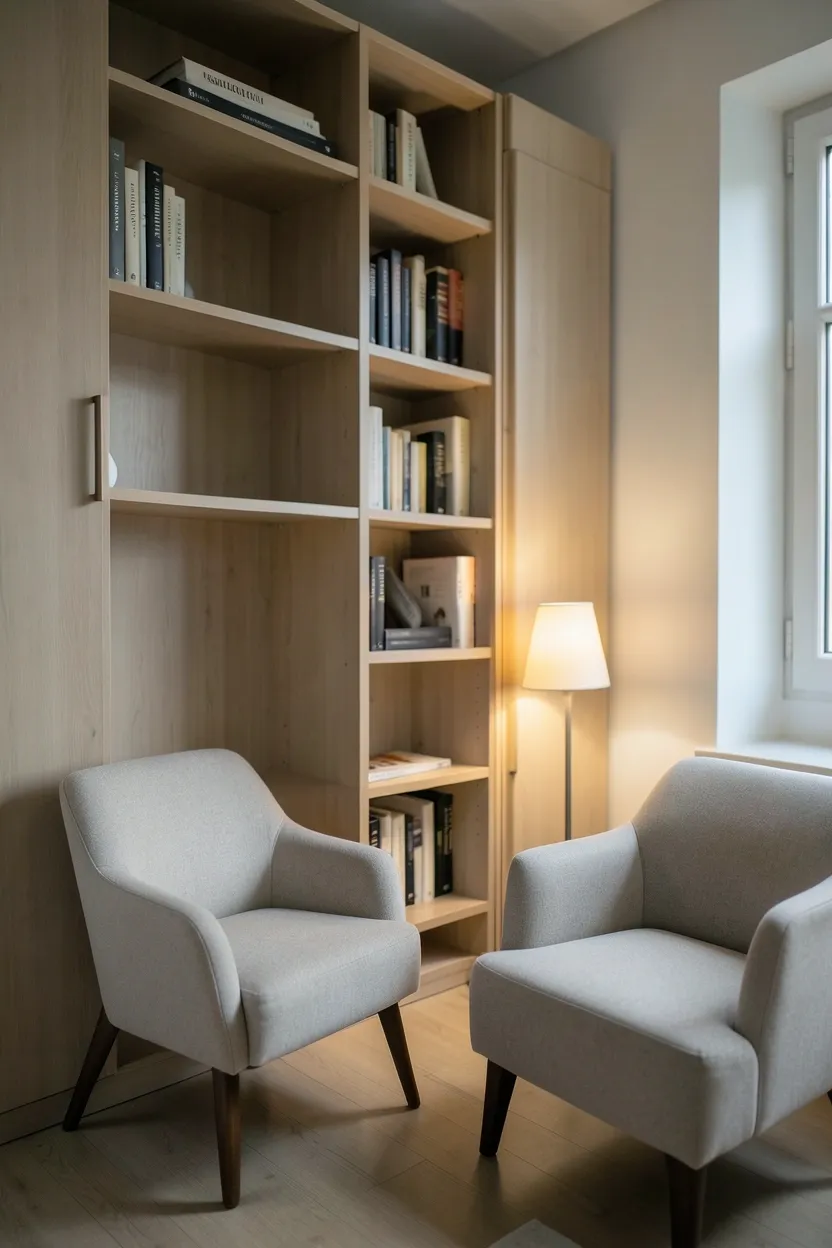 Tall narrow white bookcase with curated books beside a low-profile accent chair and slim floor lamp in a minimalist bedroom — vertical storage reading nook